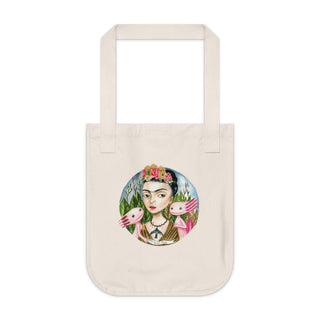 OurAXO X Artist hand drawn by our in-house artist inspired by Frida Kahlo with two Axolotl Tote Bag