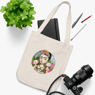 OurAXO X Artist hand drawn by our in-house artist inspired by Frida Kahlo with two Axolotl Tote Bag