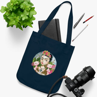 OurAXO X Artist hand drawn by our in-house artist inspired by Frida Kahlo with two Axolotl Tote Bag
