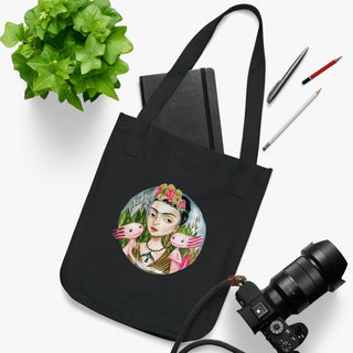 OurAXO X Artist hand drawn by our in-house artist inspired by Frida Kahlo with two Axolotl Tote Bag